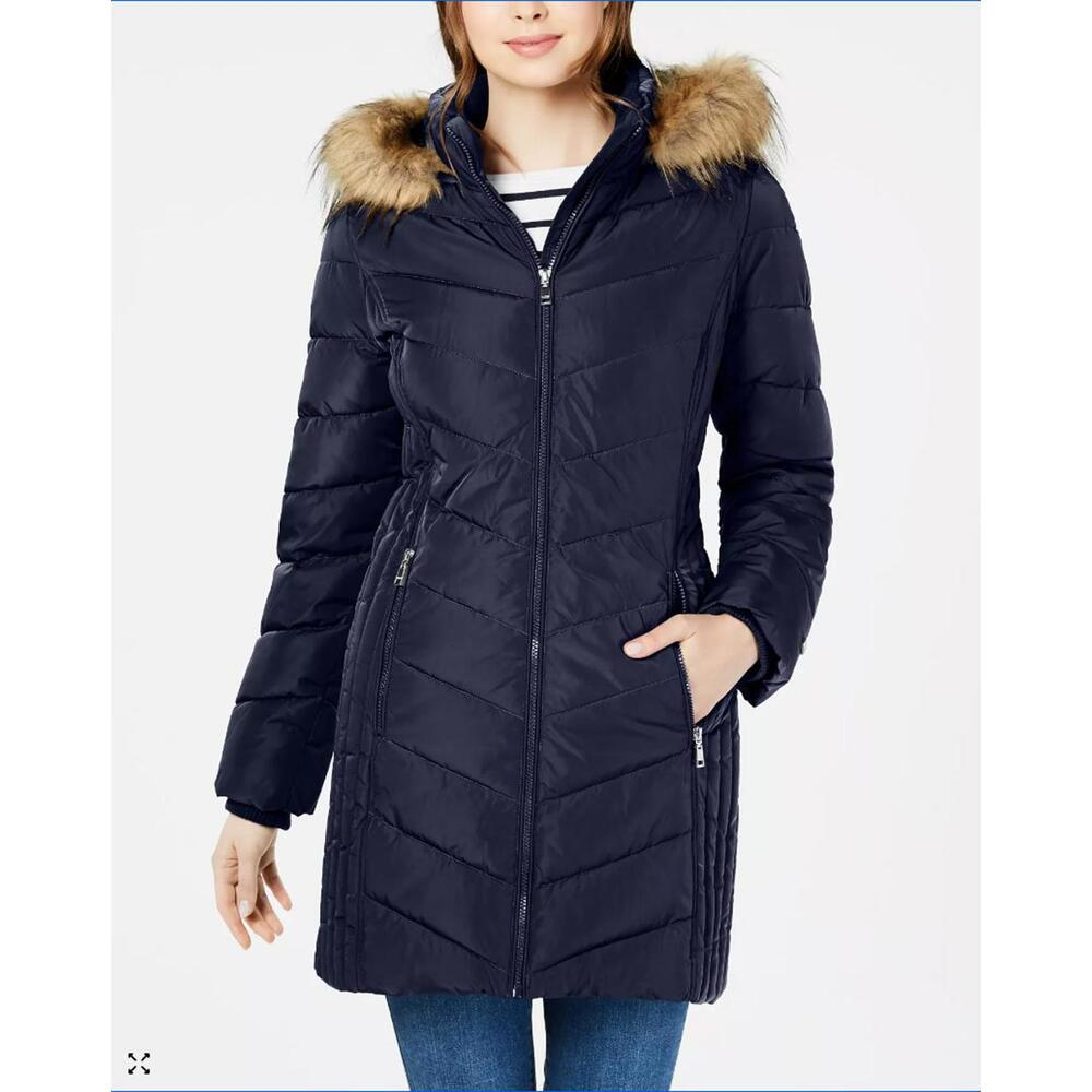 Tommy Hilfiger Women's Long Puffer Coat Navy Faux Fur Hood Size XL
